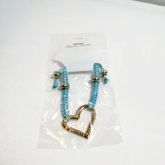 Macrame Bracelet with Heart Charm Blue Wax Cord Gold tone - Picture 5 of 9